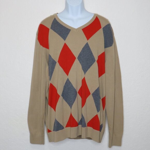 Claiborne* Men's Long Sleeve V-Neck Straight Ribbed Hem Argyle Sweater~ Size XXL - Picture 1 of 10